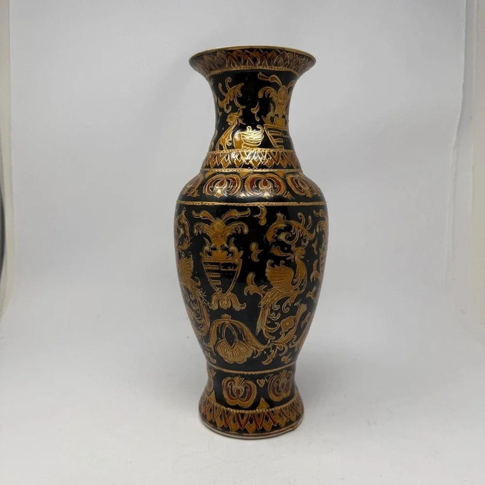 Vintage‎ Chinese Vase Black Gold French Phoenix Crest Floral Chinoiserie 11